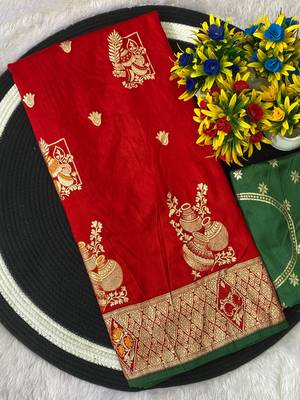 Red top dyed weaving dola silk blend saree with blouse 1