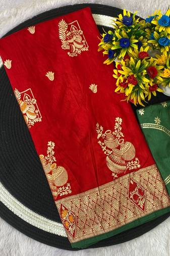 Red top dyed weaving dola silk blend saree with blouse