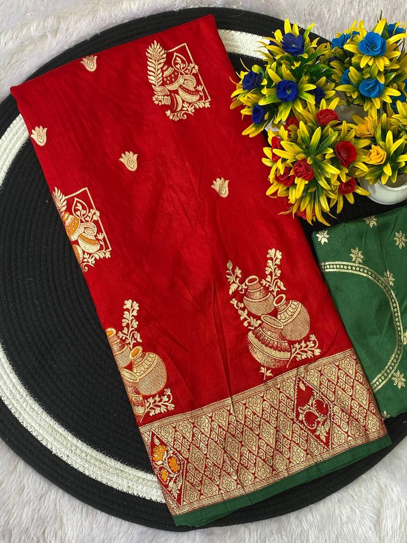 Red top dyed weaving dola silk blend saree with blouse