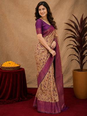 Beige wine Art silk blend banarasi jacuard bird motif work saree with unstitched blouse piece 2