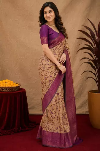Beige wine Art silk blend banarasi jacuard bird motif work saree with unstitched blouse piece