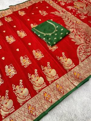 Red top dyed weaving dola silk blend saree with blouse 2