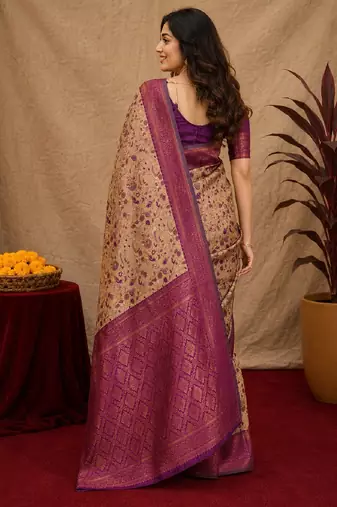 Beige wine Art silk blend banarasi jacuard bird motif work saree with unstitched blouse piece