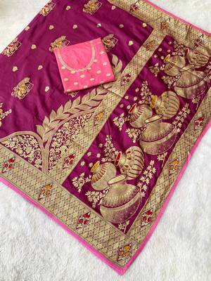 Wine top dyed weaving dola silk blend saree with blouse 1