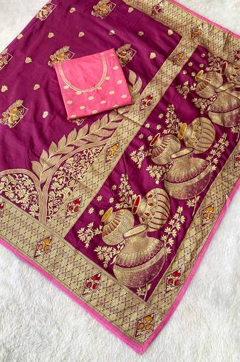 Wine top dyed weaving dola silk blend saree with blouse