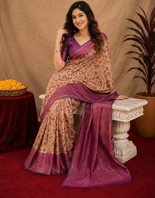 Beige wine Art silk blend banarasi jacuard bird motif work saree with unstitched blouse piece 4