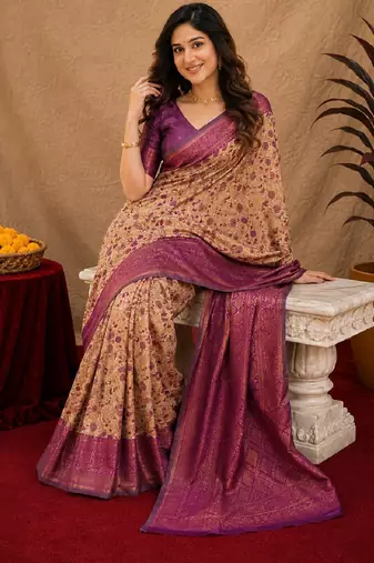 Beige wine Art silk blend banarasi jacuard bird motif work saree with unstitched blouse piece