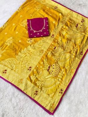 Yellow top dyed weaving dola silk blend saree with blouse 1