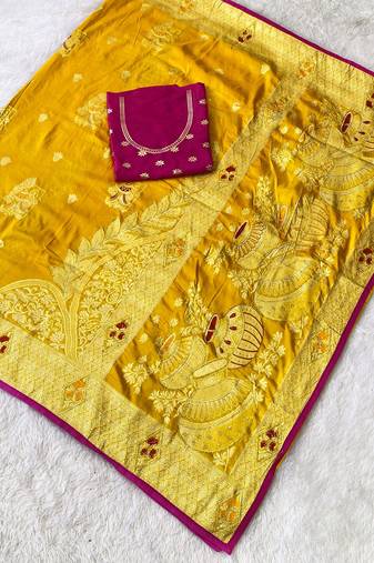 Yellow top dyed weaving dola silk blend saree with blouse