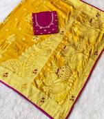 Yellow top dyed weaving dola silk blend saree with blouse