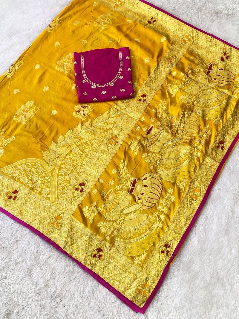 Yellow top dyed weaving dola silk blend saree with blouse