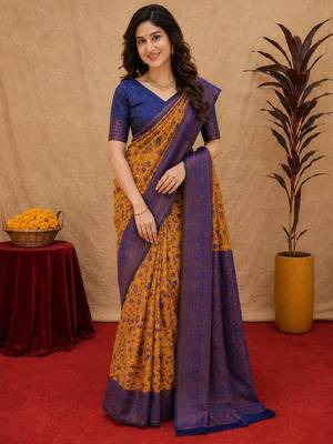 Mustard blue Art silk blend banarasi jacuard bird motif work saree with unstitched blouse piece 1