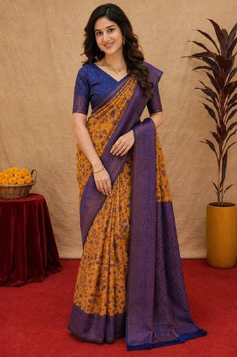 Mustard blue Art silk blend banarasi jacuard bird motif work saree with unstitched blouse piece