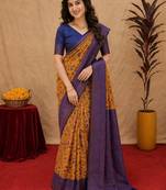 Mustard blue Art silk blend banarasi jacuard bird motif work saree with unstitched blouse piece