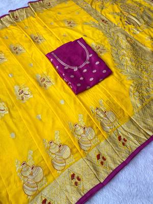 Yellow top dyed weaving dola silk blend saree with blouse 2