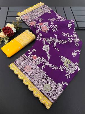 Purple yellow hand dying & embroidery lace dola silk blend saree with blouse 1