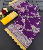 Purple yellow hand dying & embroidery lace dola silk blend saree with blouse