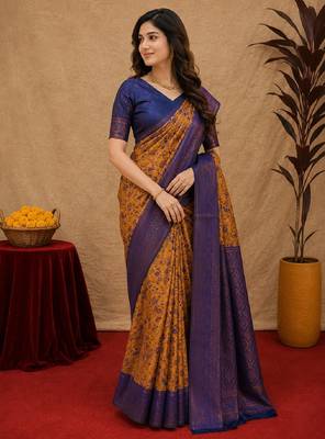 Mustard blue Art silk blend banarasi jacuard bird motif work saree with unstitched blouse piece 2