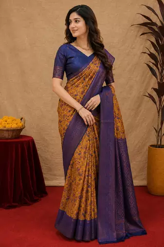 Mustard blue Art silk blend banarasi jacuard bird motif work saree with unstitched blouse piece