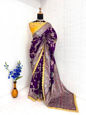 Purple yellow hand dying & embroidery lace dola silk blend saree with blouse 2