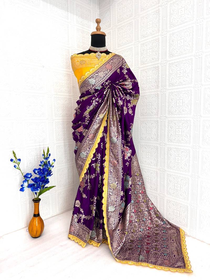 Purple yellow hand dying & embroidery lace dola silk blend saree with blouse