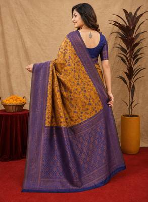 Mustard blue Art silk blend banarasi jacuard bird motif work saree with unstitched blouse piece 3