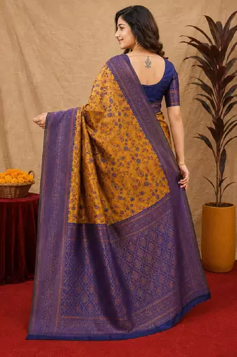 Mustard blue Art silk blend banarasi jacuard bird motif work saree with unstitched blouse piece