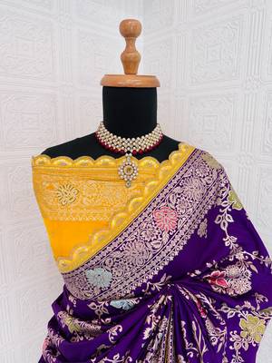 Purple yellow hand dying & embroidery lace dola silk blend saree with blouse 3