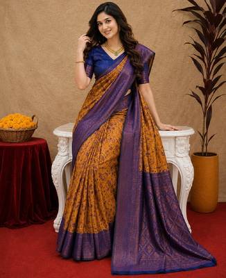 Mustard blue Art silk blend banarasi jacuard bird motif work saree with unstitched blouse piece 4