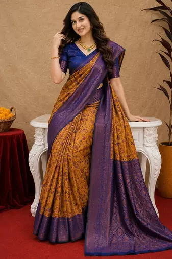 Mustard blue Art silk blend banarasi jacuard bird motif work saree with unstitched blouse piece
