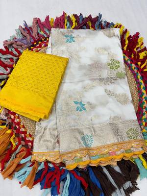 White yellow hand dying & embroidery lace dola silk blend saree with blouse 1