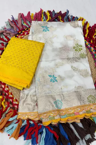 White yellow hand dying & embroidery lace dola silk blend saree with blouse