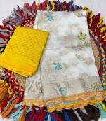 White yellow hand dying & embroidery lace dola silk blend saree with blouse