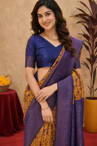 Mustard blue Art silk blend banarasi jacuard bird motif work saree with unstitched blouse piece
