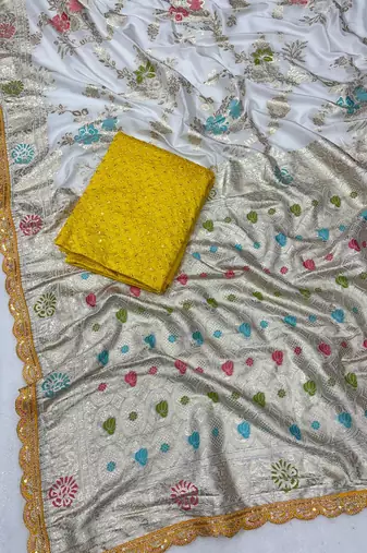 White yellow hand dying & embroidery lace dola silk blend saree with blouse
