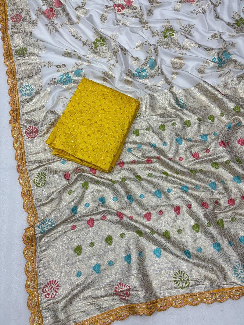 White yellow hand dying & embroidery lace dola silk blend saree with blouse