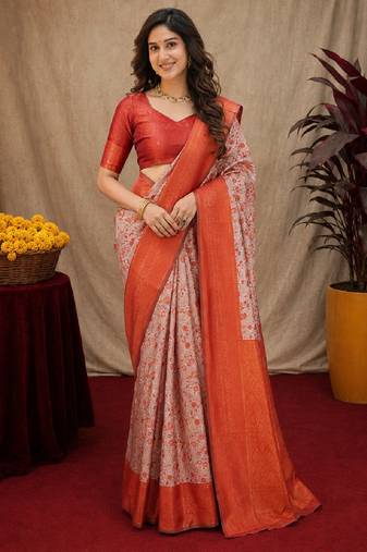 Orange Art silk blend banarasi jacuard bird motif work saree with unstitched blouse piece