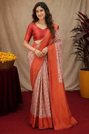 Orange Art silk blend banarasi jacuard bird motif work saree with unstitched blouse piece