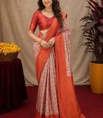 Orange Art silk blend banarasi jacuard bird motif work saree with unstitched blouse piece