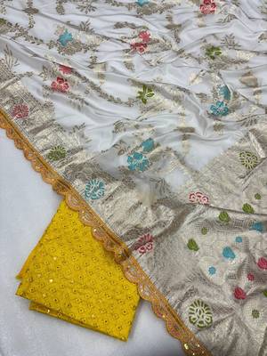 White yellow hand dying & embroidery lace dola silk blend saree with blouse 3