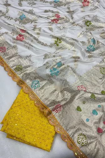 White yellow hand dying & embroidery lace dola silk blend saree with blouse