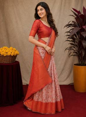 Orange Art silk blend banarasi jacuard bird motif work saree with unstitched blouse piece 2