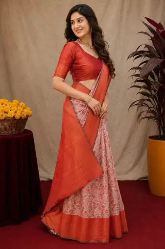 Orange Art silk blend banarasi jacuard bird motif work saree with unstitched blouse piece