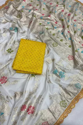 White yellow hand dying & embroidery lace dola silk blend saree with blouse