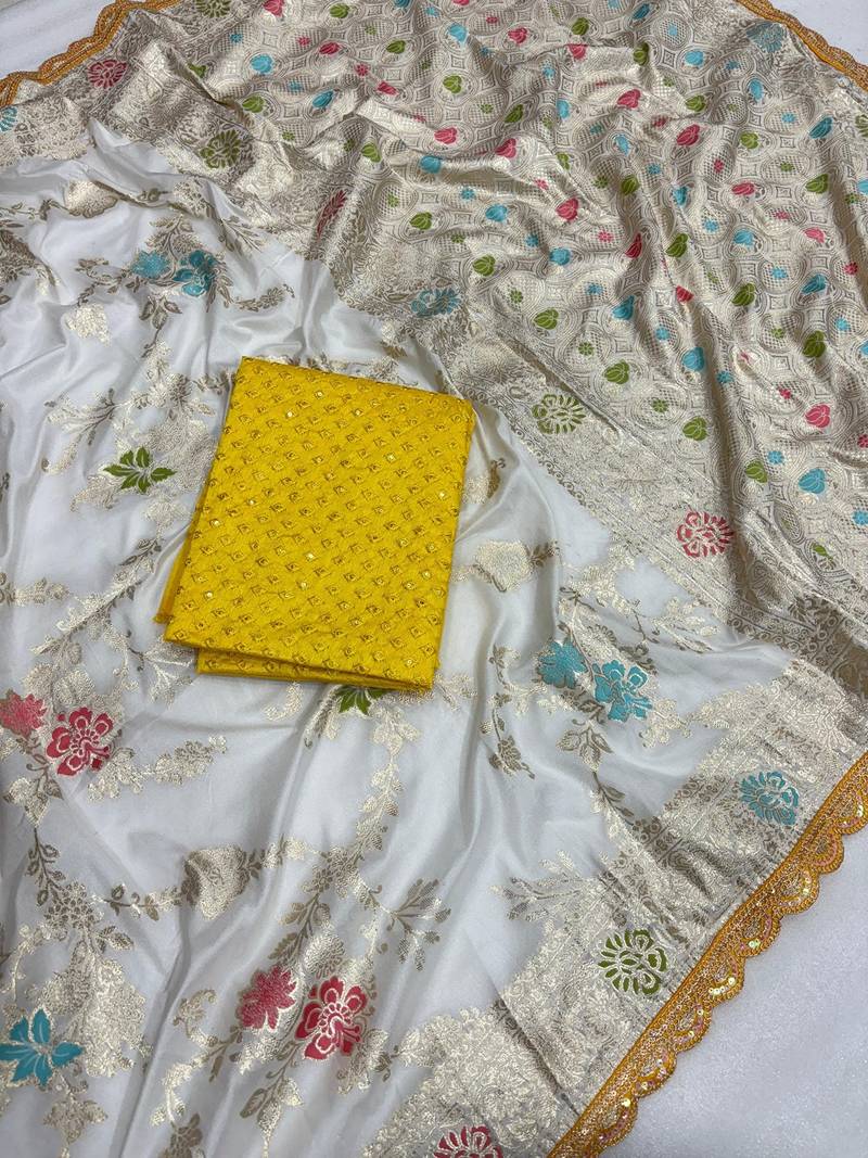 White yellow hand dying & embroidery lace dola silk blend saree with blouse