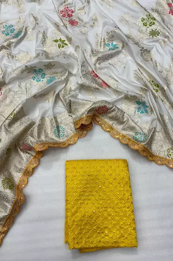 White yellow hand dying & embroidery lace dola silk blend saree with blouse