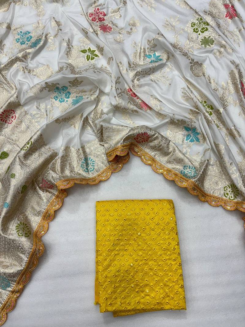 White yellow hand dying & embroidery lace dola silk blend saree with blouse