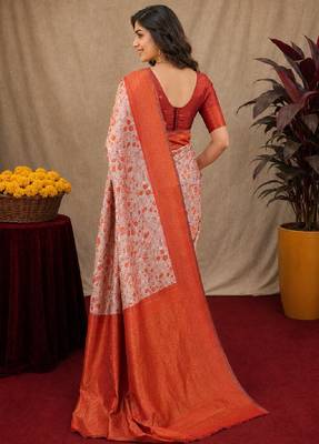Orange Art silk blend banarasi jacuard bird motif work saree with unstitched blouse piece 3