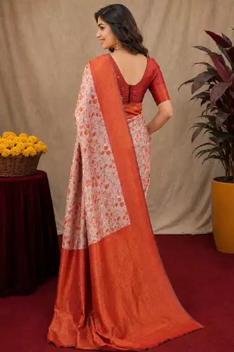 Orange Art silk blend banarasi jacuard bird motif work saree with unstitched blouse piece