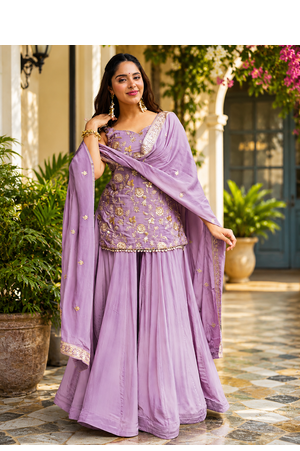 Lavender Embroidered Sharara Suit for Women with Dupatta | Festive Ethnic Wear 1